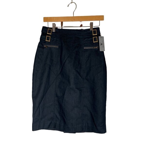 NWT VTG Worthington Womens Size 6 Charcoal Denim Pencil Skirt Side Belt Zippers - Picture 1 of 14